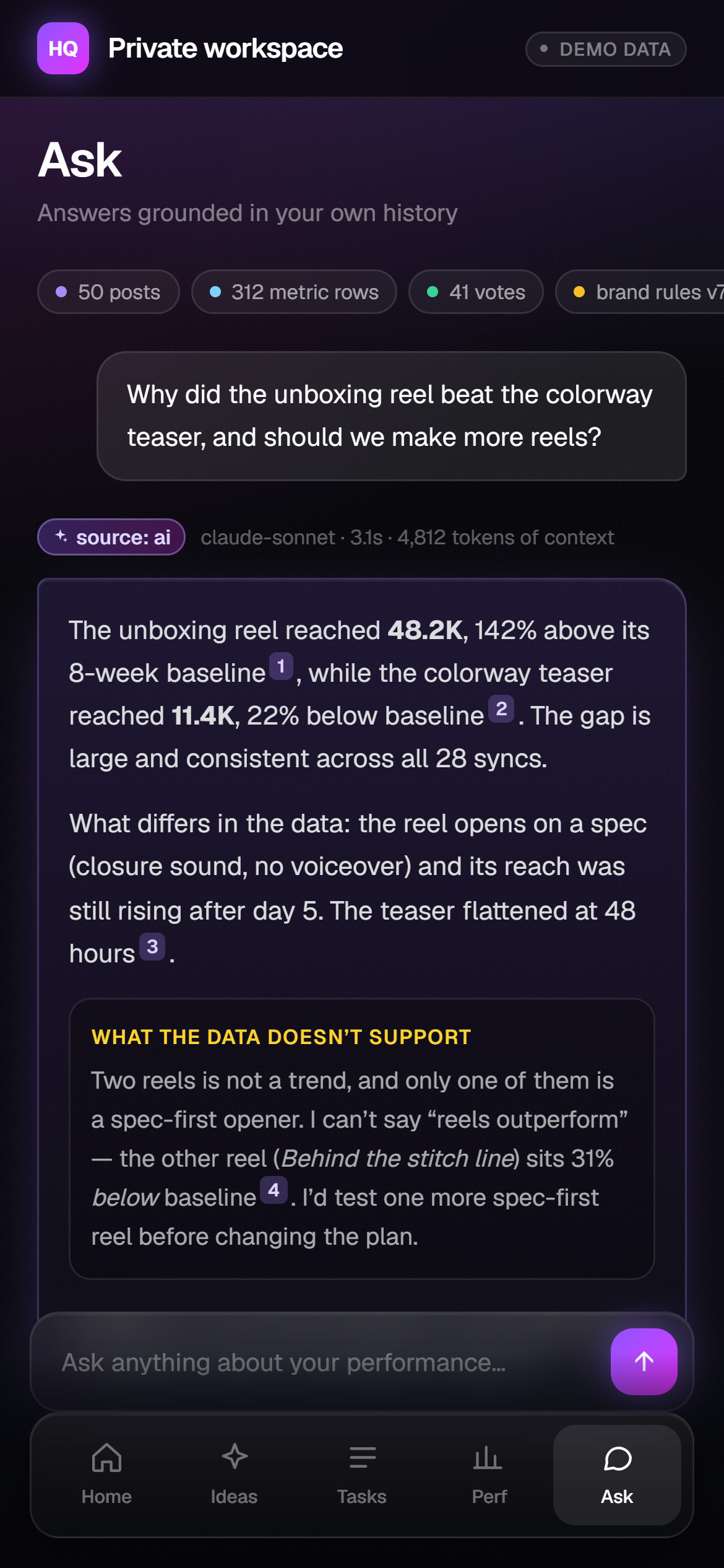 Ask screen on a phone: an answer citing its sources, with a section on what the data doesn't support