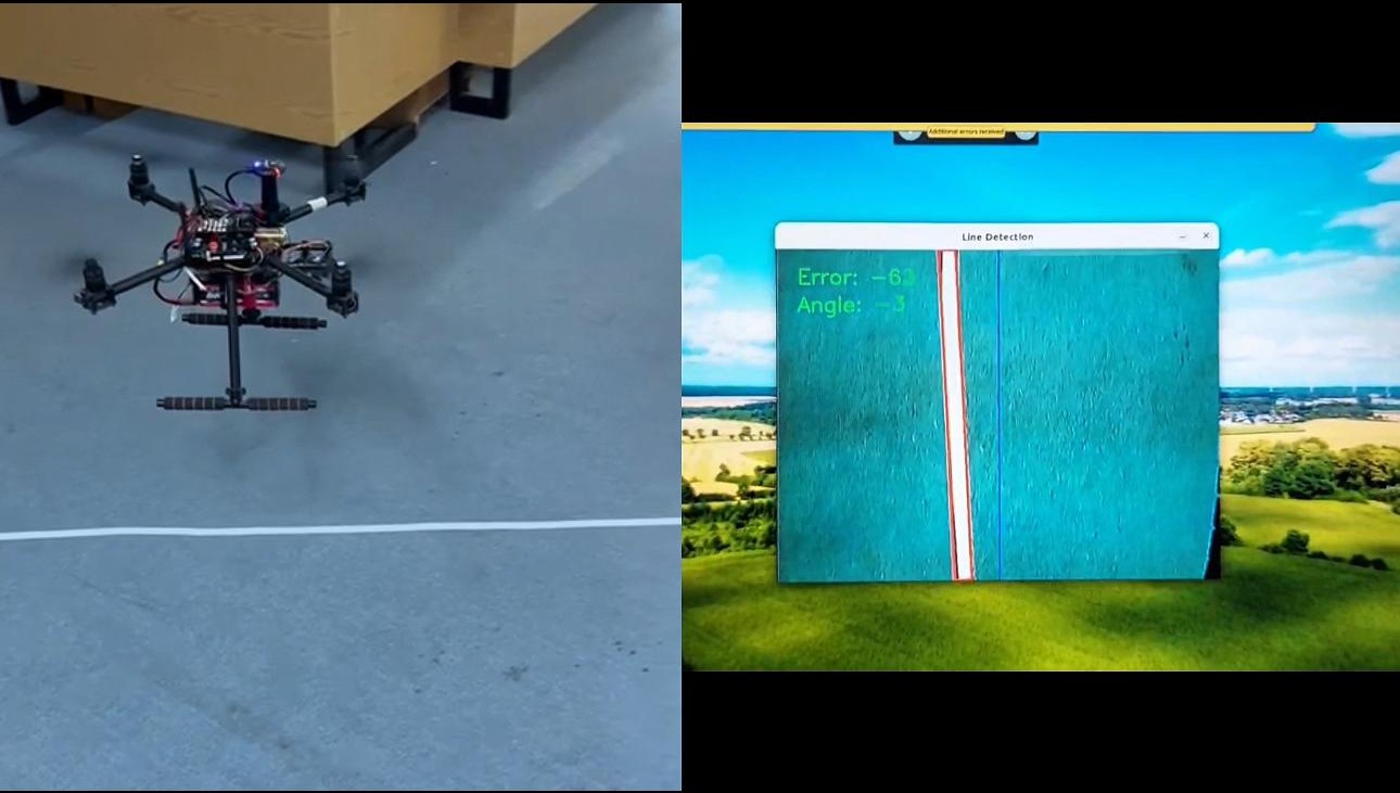 The drone hovering over a taped line, beside the OpenCV line-detection view