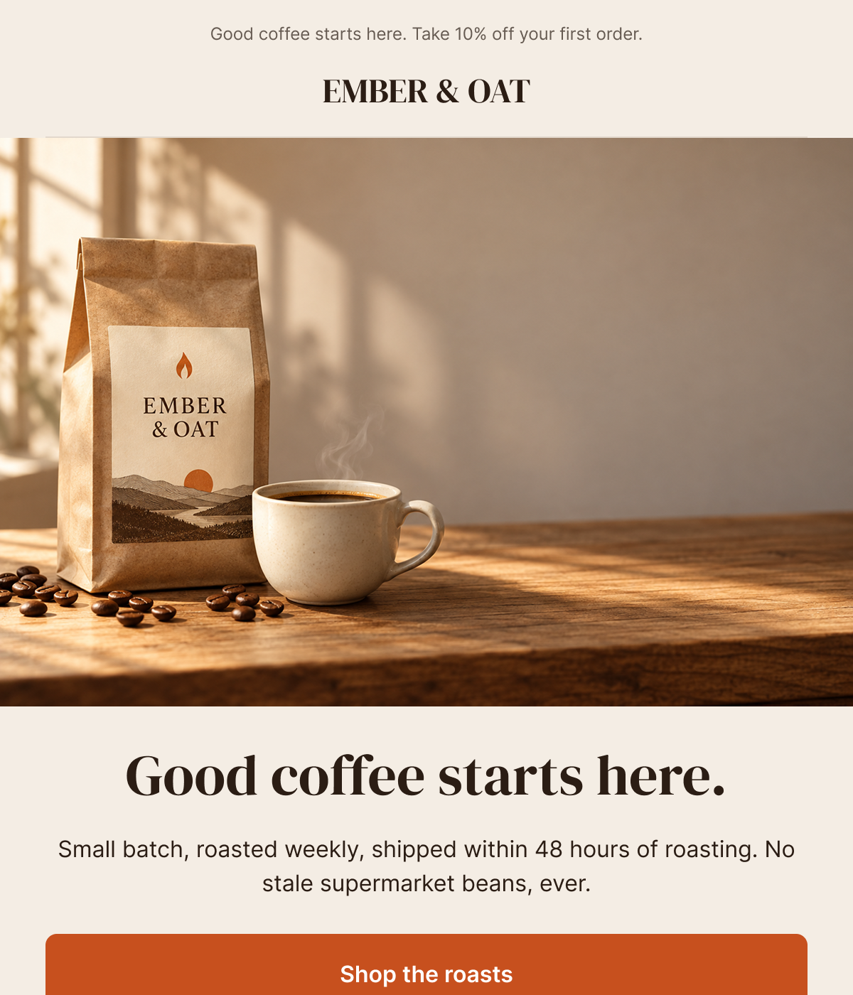 Top of the Ember & Oat welcome email: “Good coffee starts here” with a coffee bag and cup