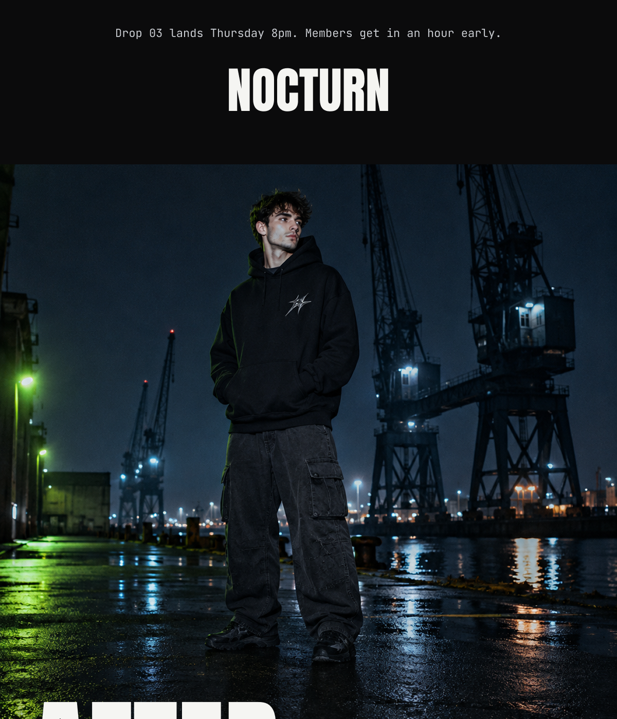 Top of the NOCTURN drop email: “After Hours” hero over a night-time London photo, with a live countdown