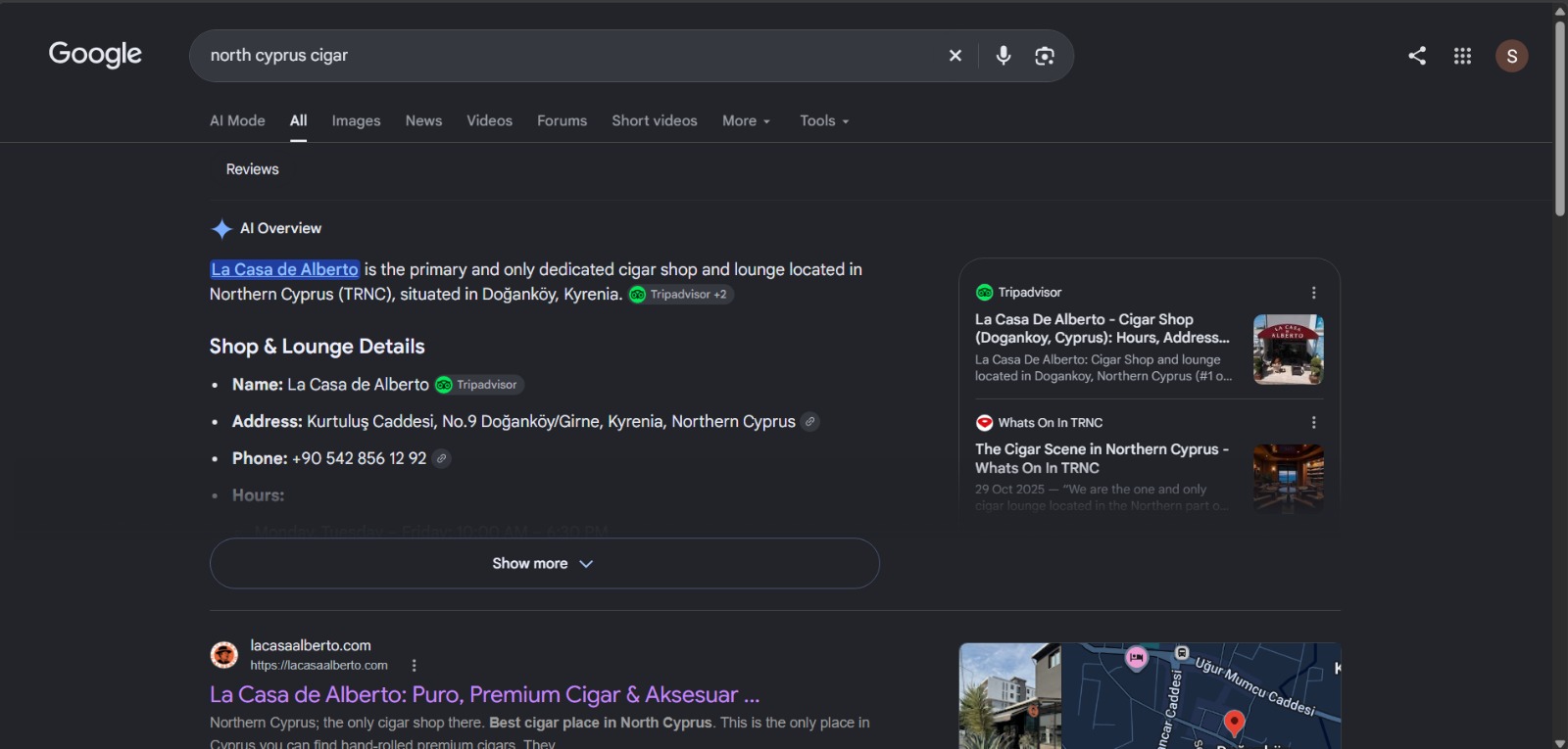 Google results for “north cyprus cigar”: La Casa de Alberto named in the AI Overview and listed as the first result