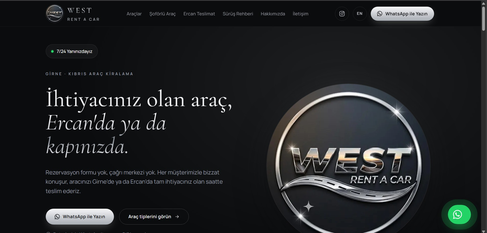 West Rent a Car home page in Turkish, with WhatsApp buttons in place of a booking form
