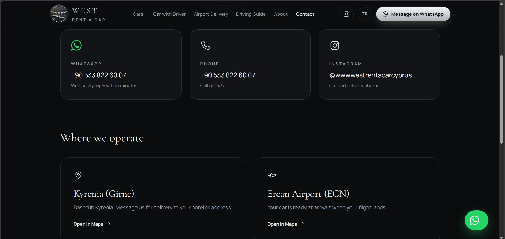 English contact page with WhatsApp, phone and Instagram, and the Kyrenia and Ercan Airport locations
