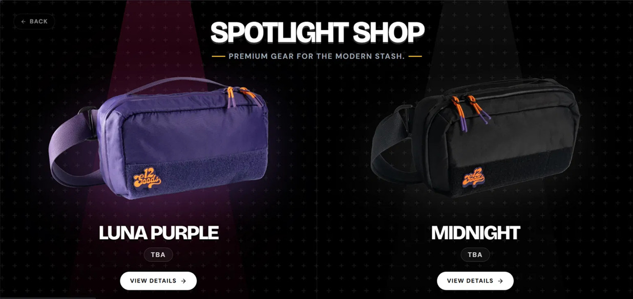 Product listing with each bag lit on a dark staged background