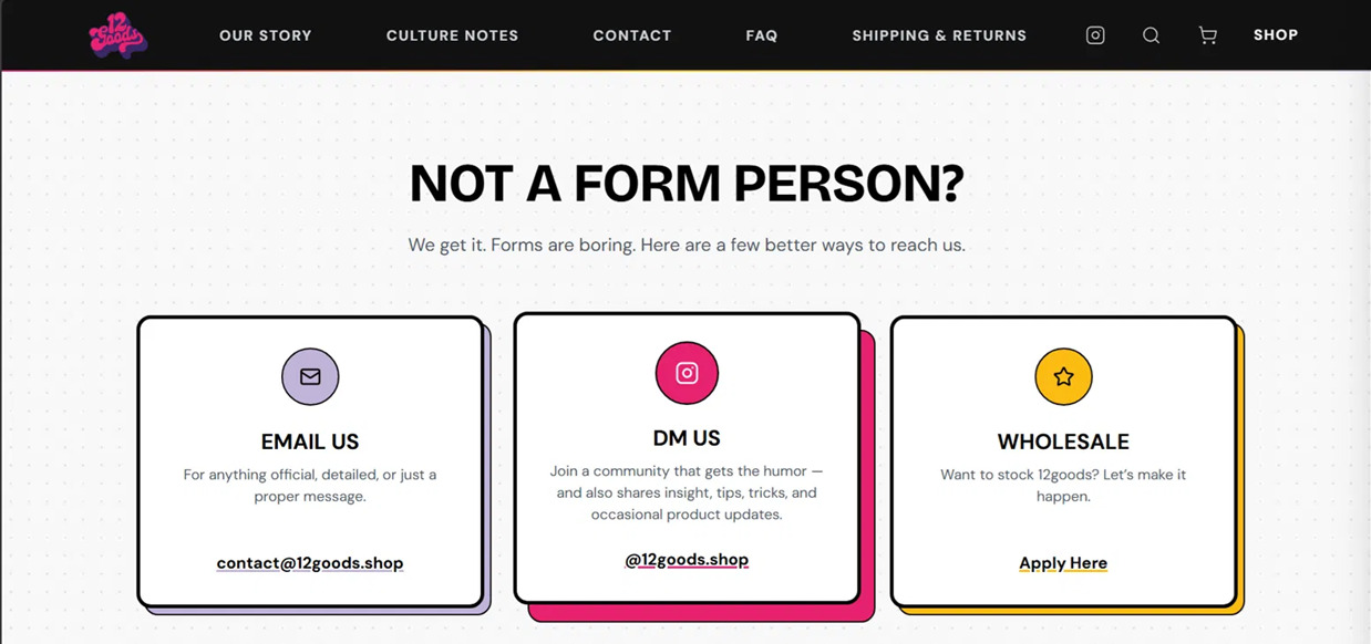 Contact section offering three direct routes instead of a form